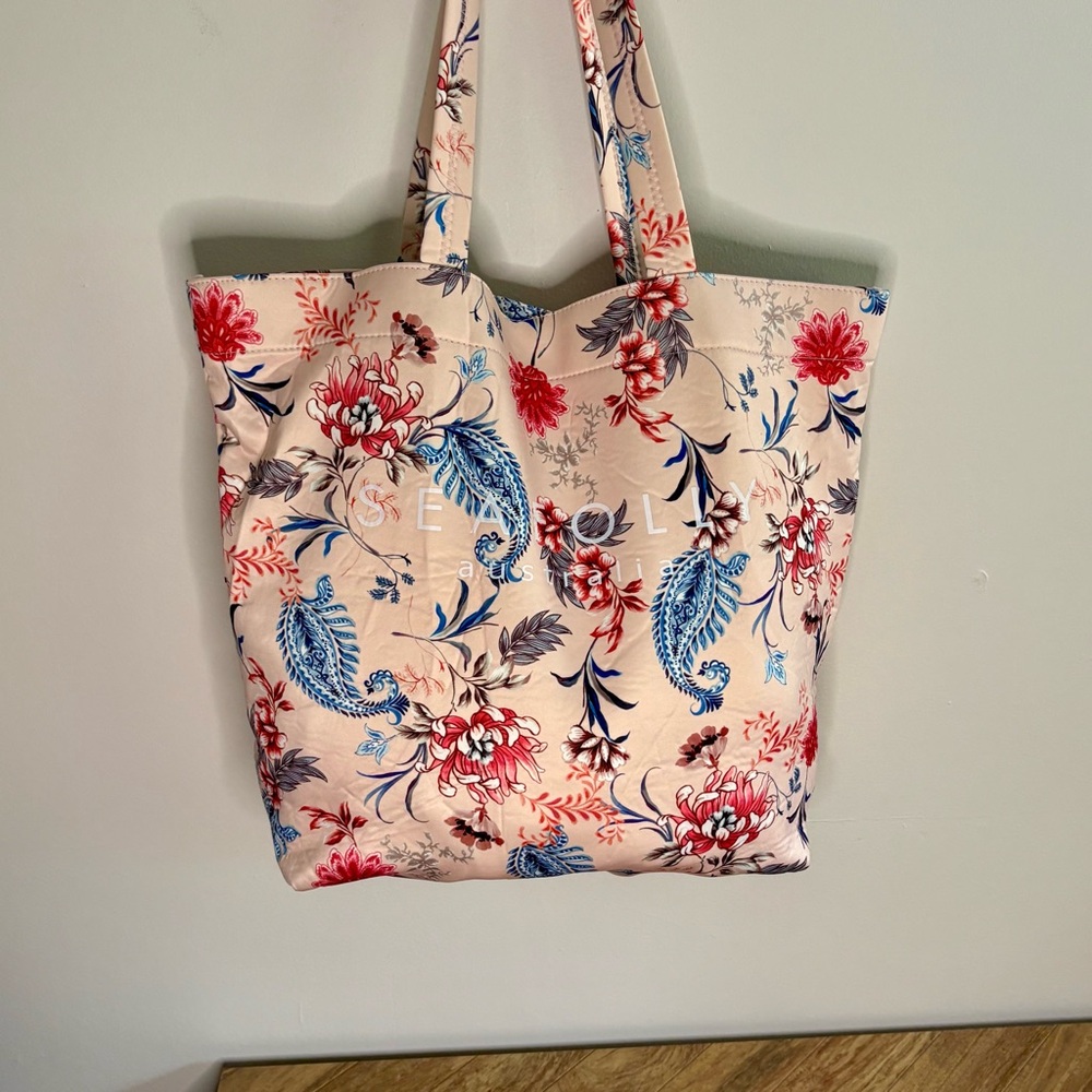 Seafolly Australia Women’s Large Pink Tote Bag Blue Red Floral Pattern butter